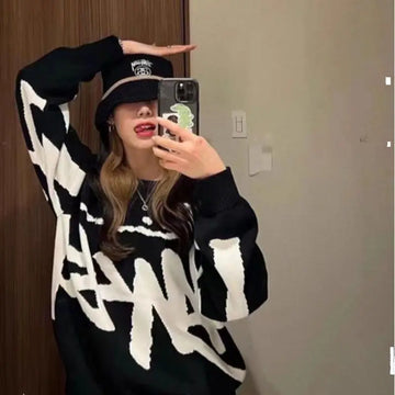 Getadme New Harajuku loose knitted round neck pullover sweater with large letters men and women jacquard trendy retro bottoming shirt